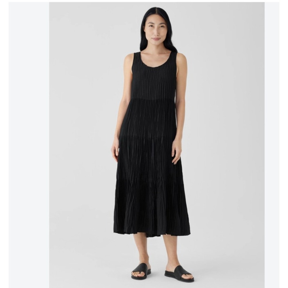 Eileen Fisher Black Crushed Silk Tiered Midi Dress XS Sleeveless Lagenlook
